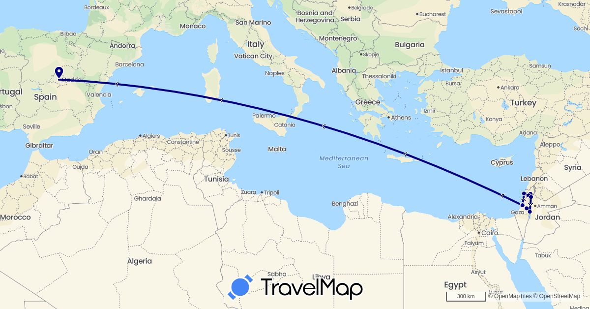 TravelMap itinerary: driving in Spain, Israel, Palestinian Territories (Asia, Europe)